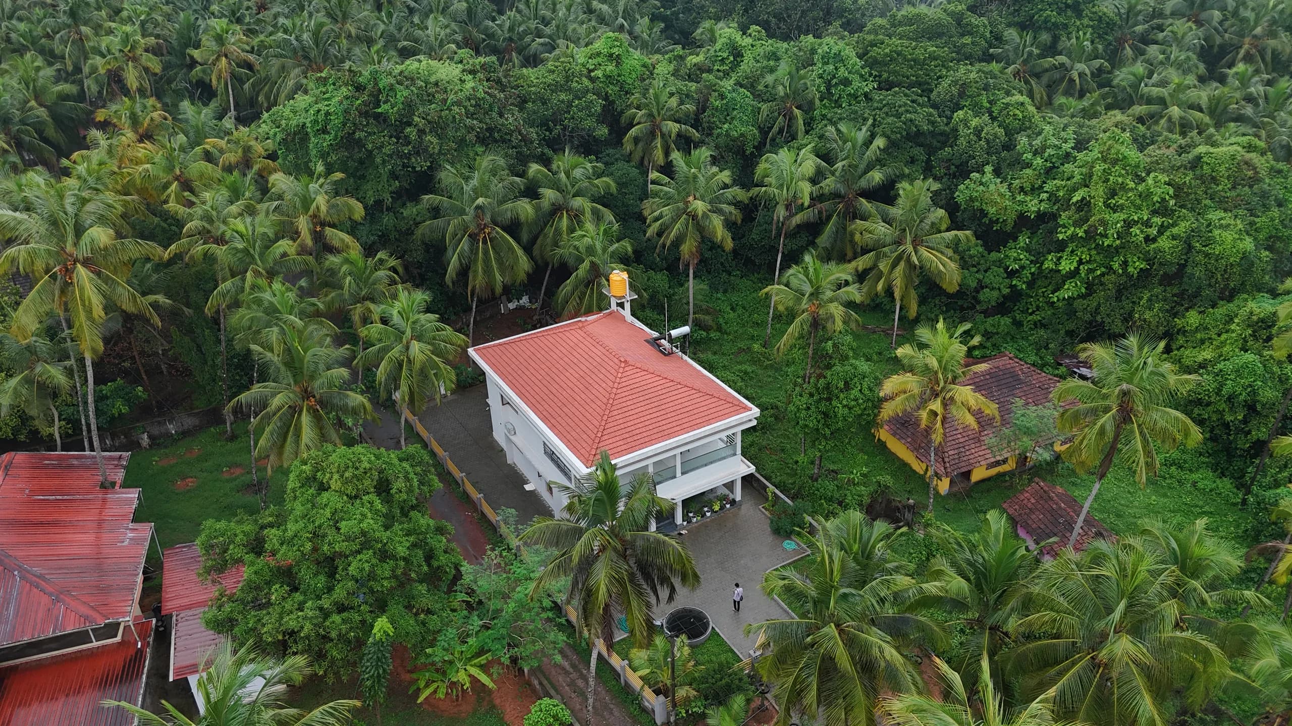 Aerial view of Laurel's Retreat nestled amid coconut groves in Kemmannu